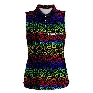 Colorful neon Rainbow leopard Womens sleeveless polo shirts, team golf shirt gift for golf lovers