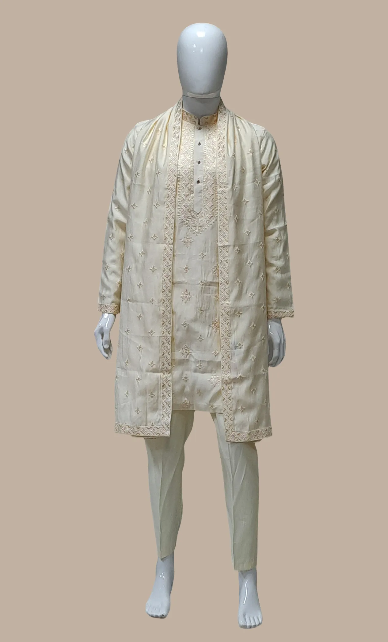 Cream Embroidered Kurta Set With Shawl