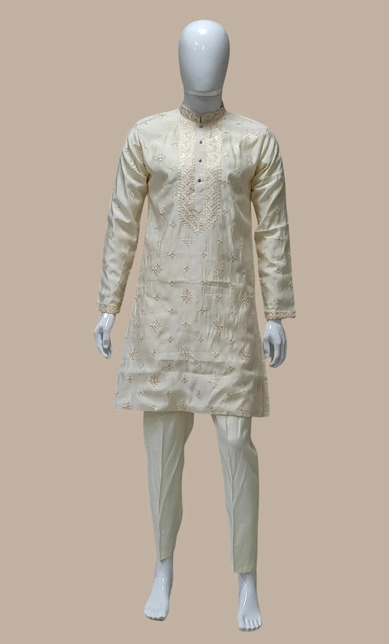 Cream Embroidered Kurta Set With Shawl