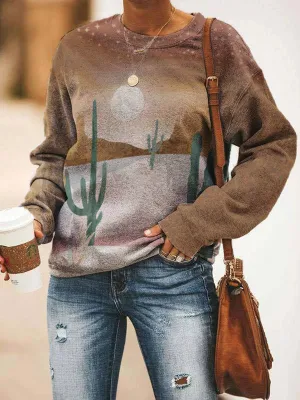 Desert Day Night Print Pullover Casual Sweatshirt