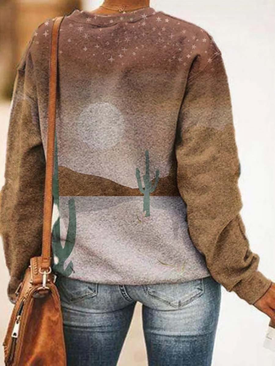 Desert Day Night Print Pullover Casual Sweatshirt