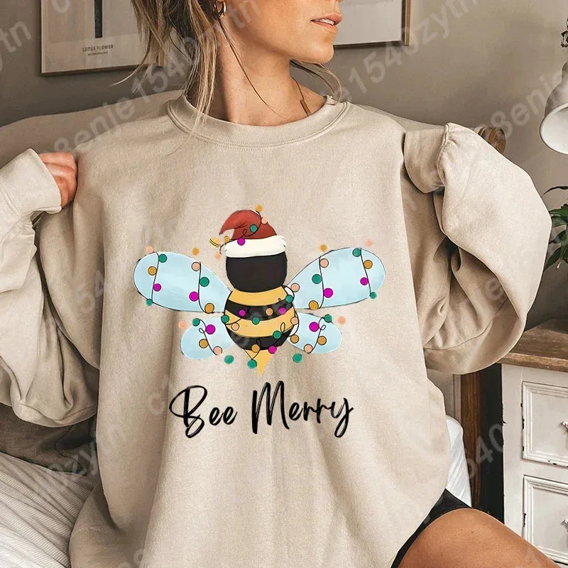 Festive Bee Letter Print Christmas Hoodie - Long Sleeve