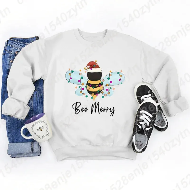 Festive Bee Letter Print Christmas Hoodie - Long Sleeve