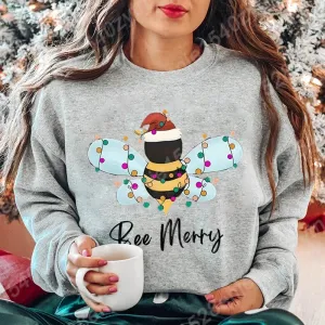 Festive Bee Letter Print Christmas Hoodie - Long Sleeve