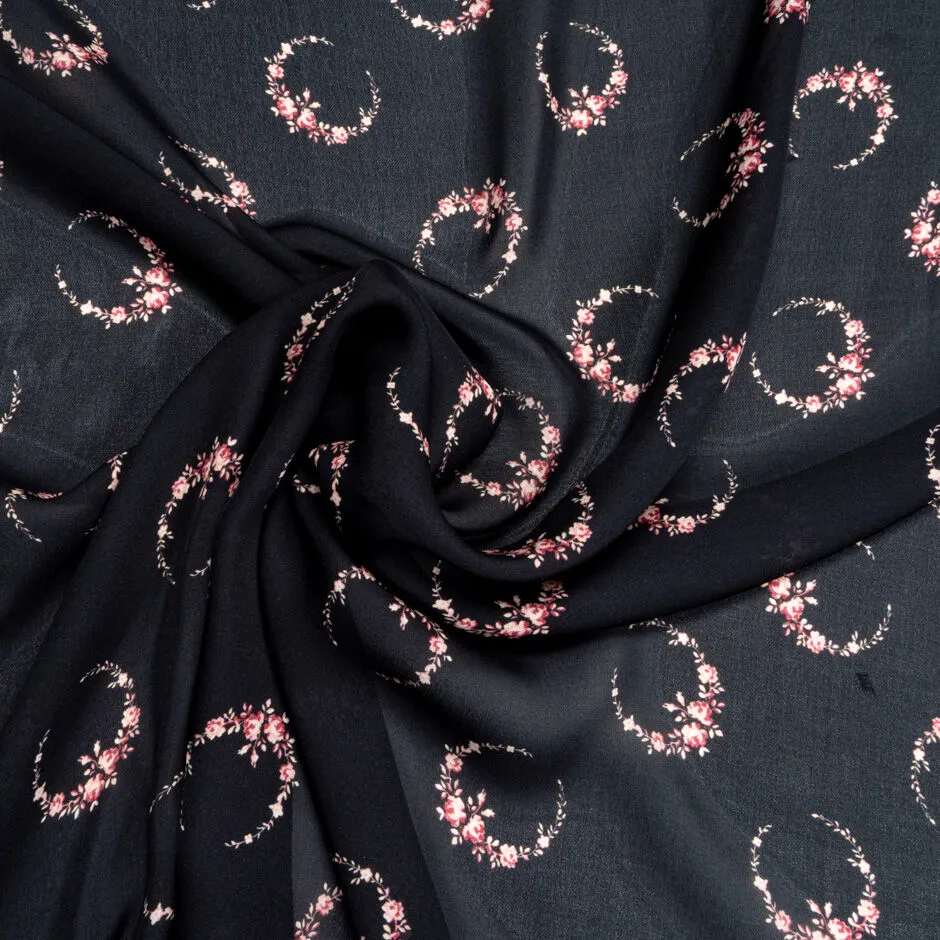 Floral Crescent Printed Black Silk Sable