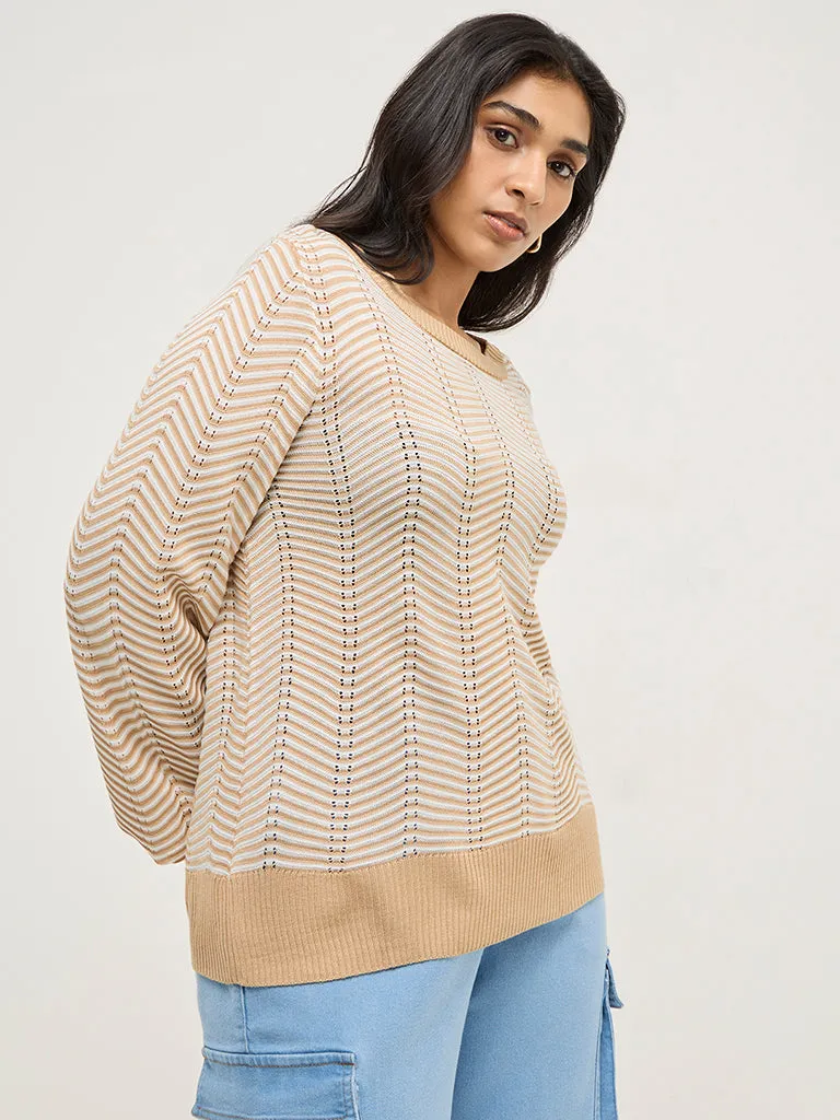 Gia Beige Chevron Textured Sweater