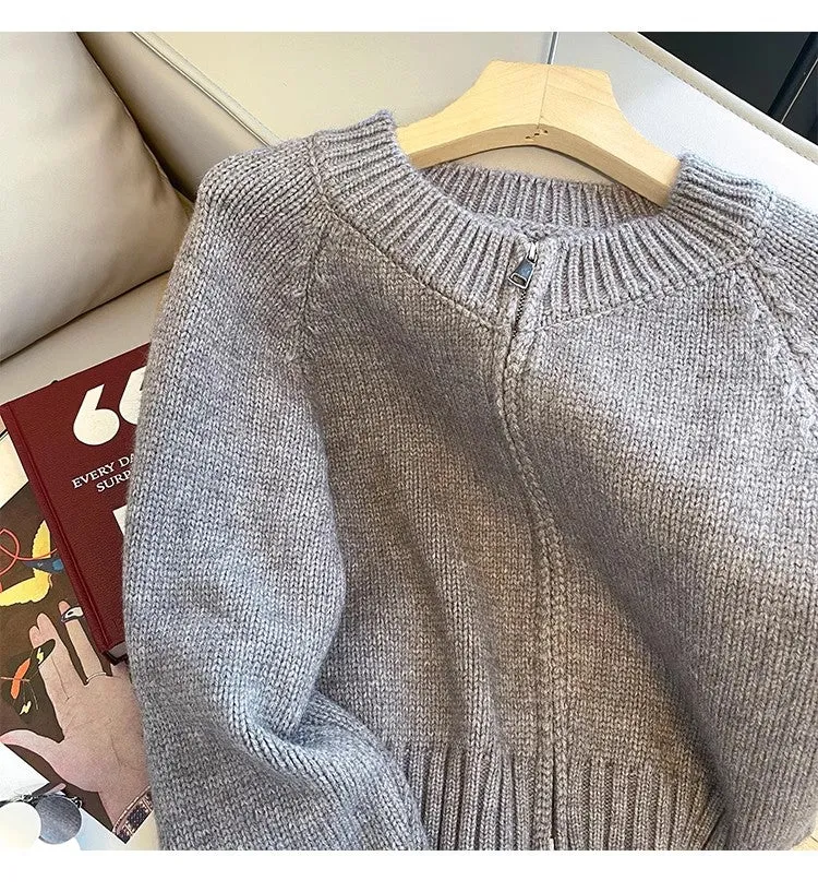 Gray double zipper sweater jacket for women long-sleeved knitted cardigan     S4882