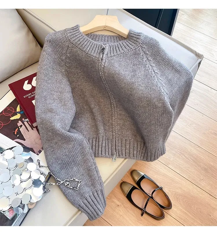 Gray double zipper sweater jacket for women long-sleeved knitted cardigan     S4882