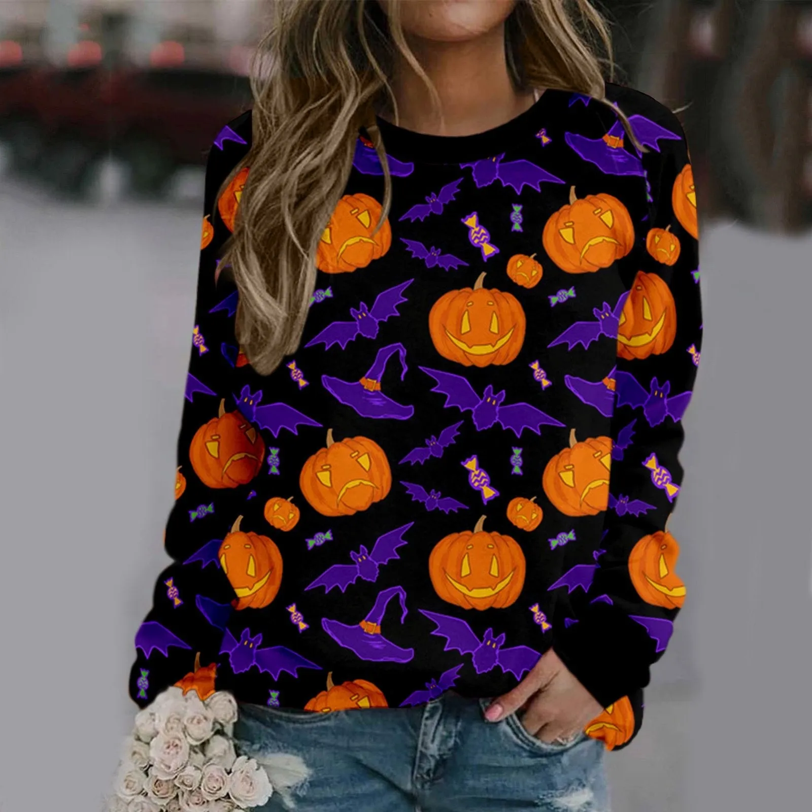 Halloween pumpkin crew neck print long sleeve sweatshirt women