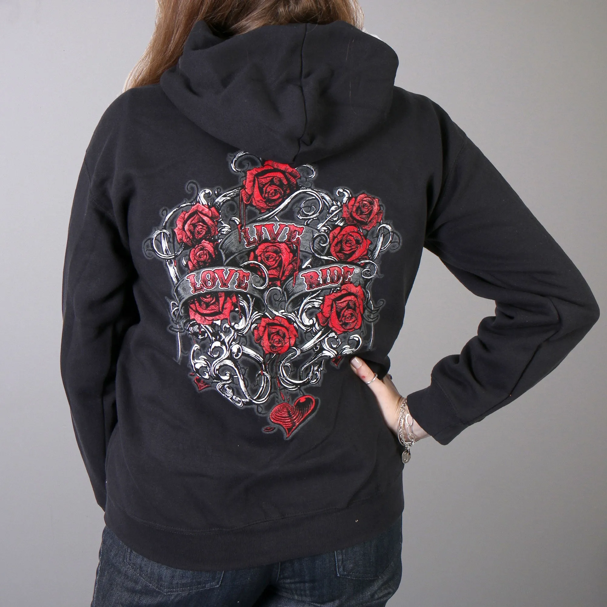 Hot Leathers GLZ4246 Ladies Black Hoodie Sweatshirt with Live, Love, Ride and Roses Artwor