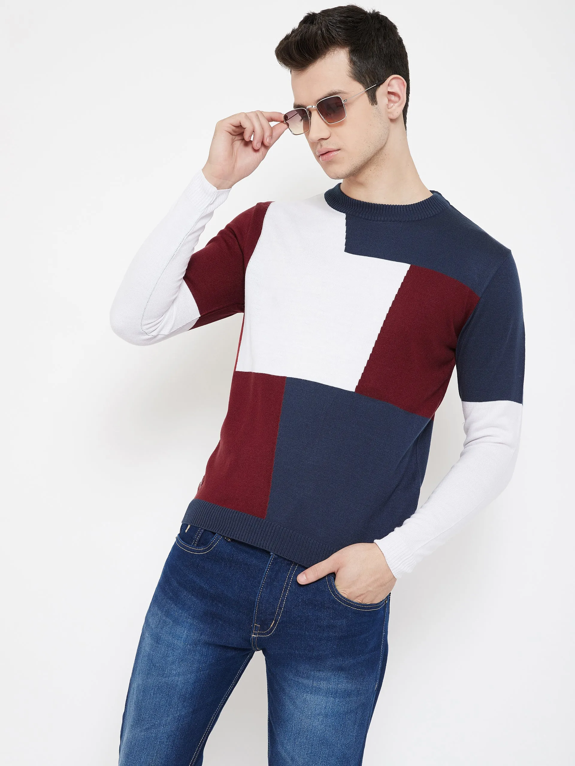 JUMP USA Men Navy Blue Colourblocked Round Neck Casual Pullover