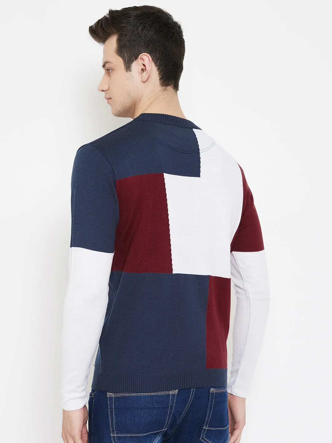 JUMP USA Men Navy Blue Colourblocked Round Neck Casual Pullover