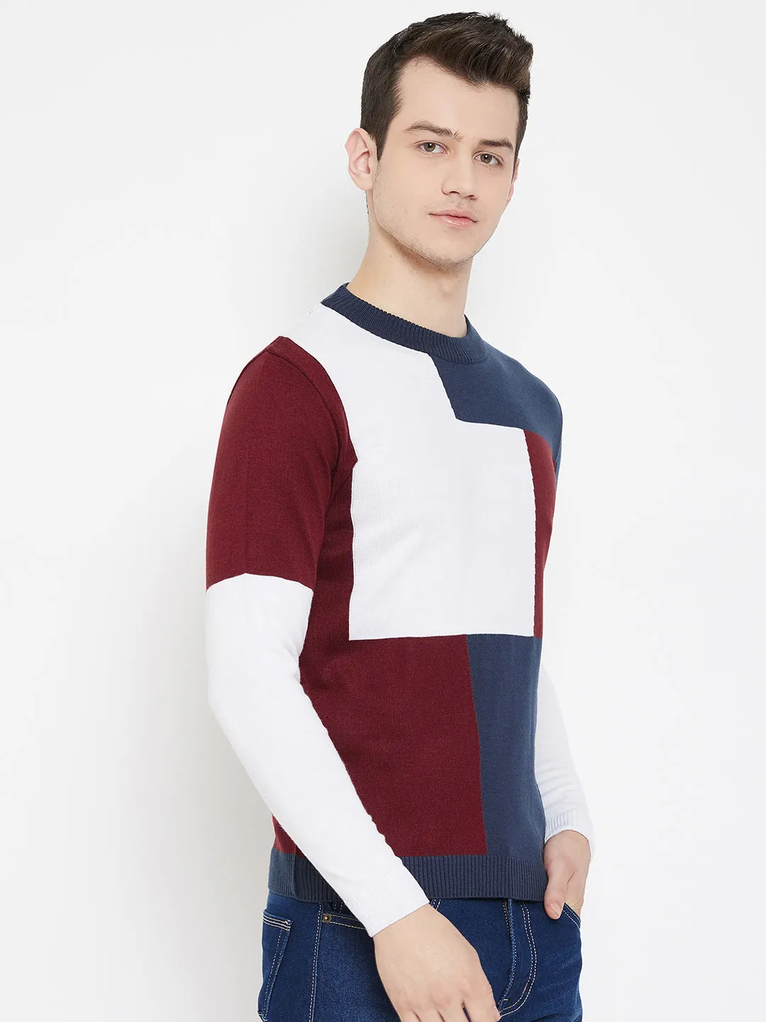 JUMP USA Men Navy Blue Colourblocked Round Neck Casual Pullover