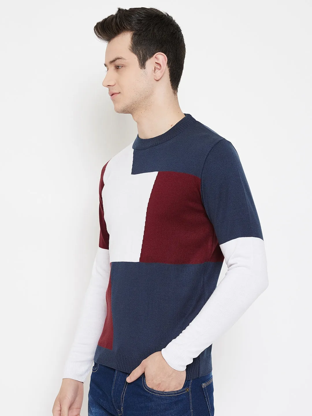 JUMP USA Men Navy Blue Colourblocked Round Neck Casual Pullover