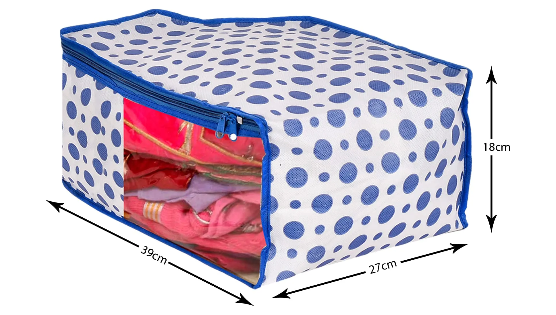 Kuber Industries Dot Printed Foldable, Lightweight Non-Woven Blouse Cover/Organizer With Tranasparent Window- Pack of 3 (Blue)-46KM0305