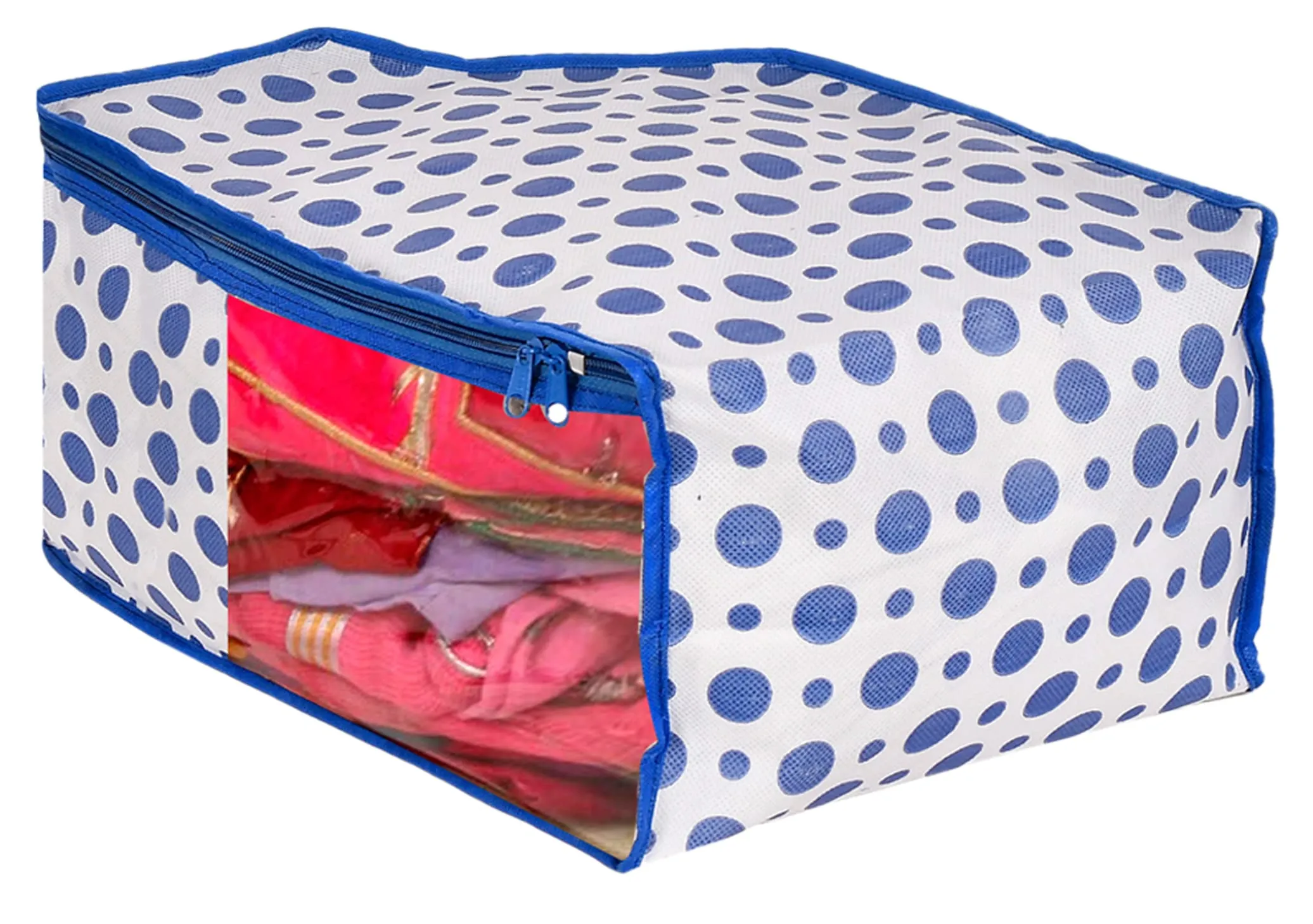 Kuber Industries Dot Printed Foldable, Lightweight Non-Woven Blouse Cover/Organizer With Tranasparent Window- Pack of 3 (Blue)-46KM0305