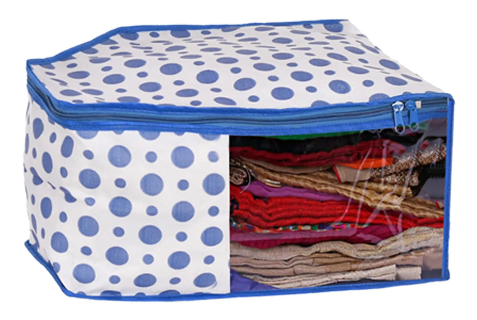 Kuber Industries Dot Printed Foldable, Lightweight Non-Woven Blouse Cover/Organizer With Tranasparent Window- Pack of 3 (Blue)-46KM0305