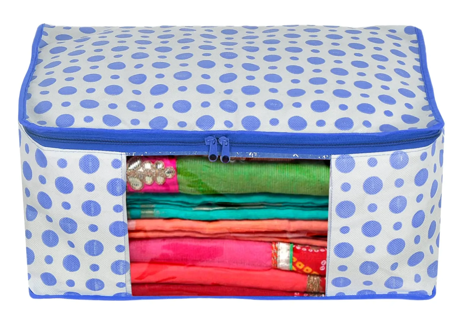 Kuber Industries Dot Printed Non-Woven Blouse & Saree Cover, Cloth Organizer, Wardrobe Organiser Set With Tranasparent Window- Pack of 2 (Blue)-46KM0466