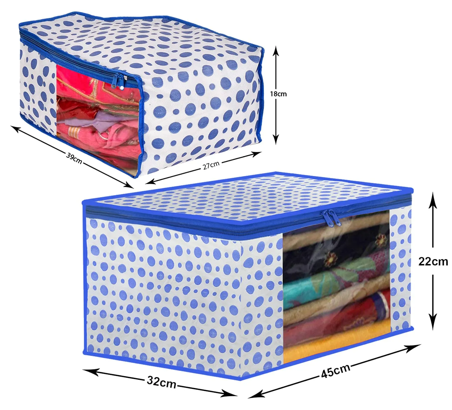 Kuber Industries Dot Printed Non-Woven Blouse & Saree Cover, Cloth Organizer, Wardrobe Organiser Set With Tranasparent Window- Pack of 2 (Blue)-46KM0466