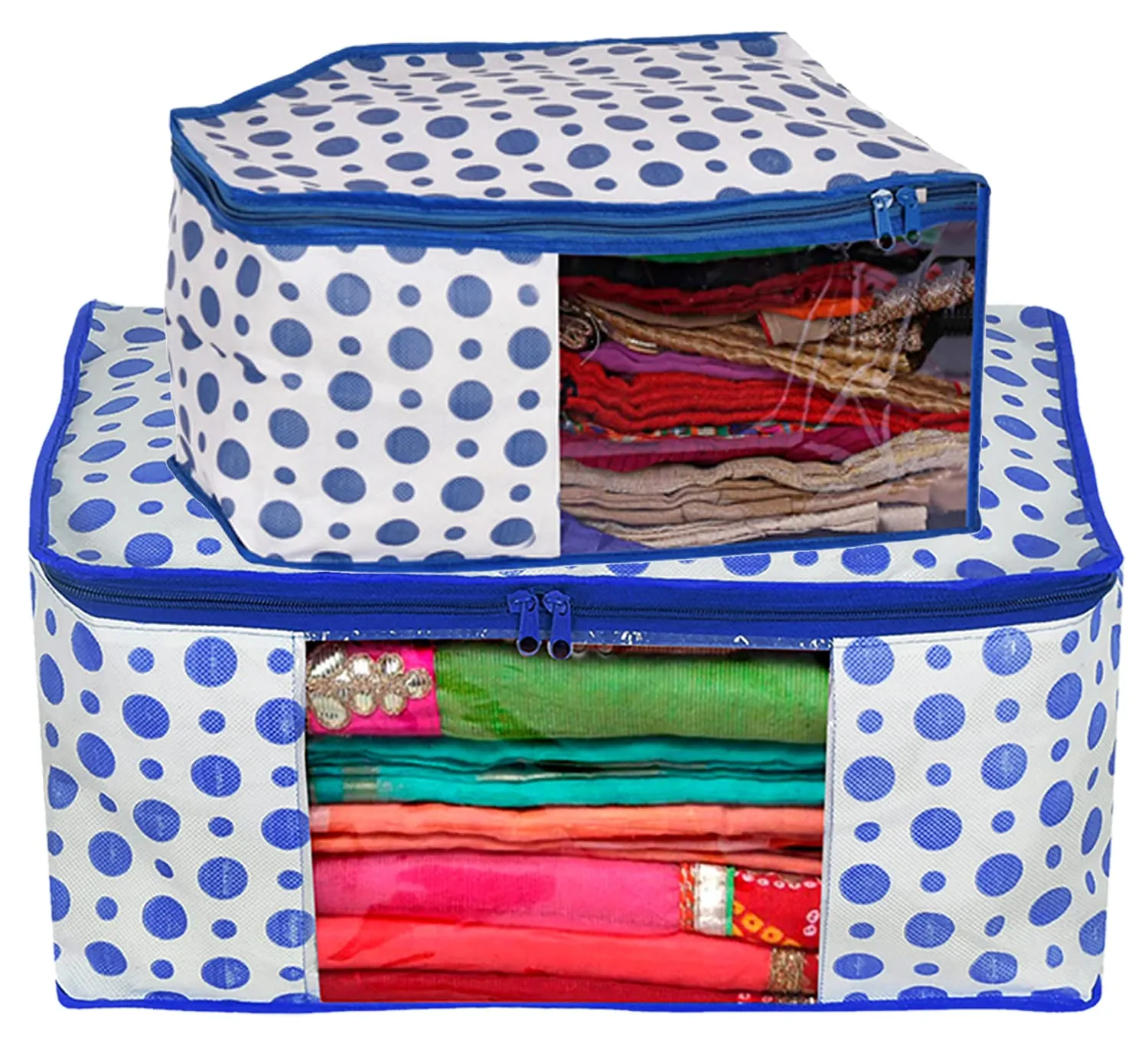 Kuber Industries Dot Printed Non-Woven Blouse & Saree Cover, Cloth Organizer, Wardrobe Organiser Set With Tranasparent Window- Pack of 2 (Blue)-46KM0466