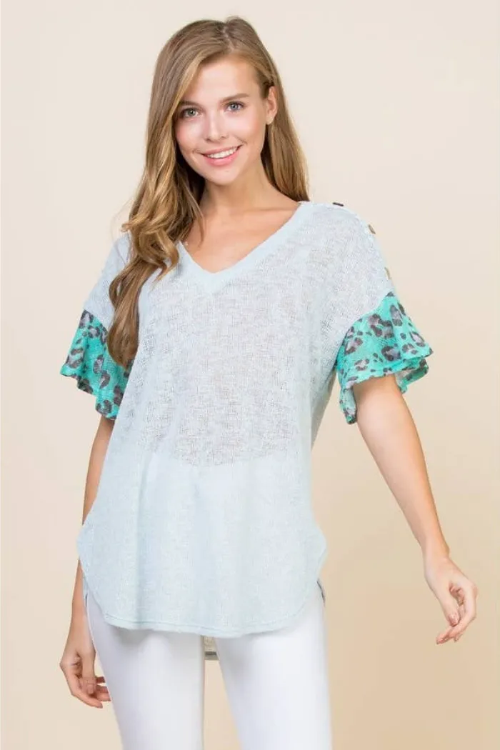 Lace Button Trim V Neck Top