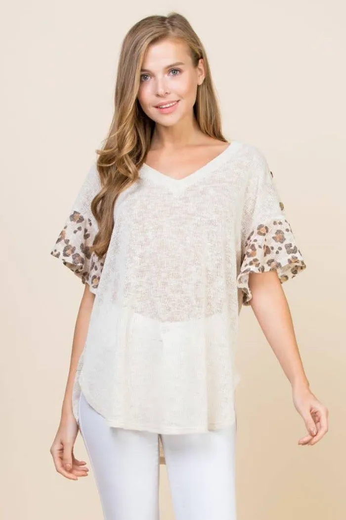 Lace Button Trim V Neck Top