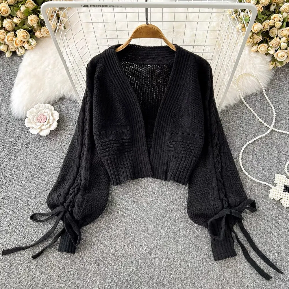 Lantern Sleeve Knitted Cardigan, Casual Bow Tie Short Long Sleeve Top    S4362