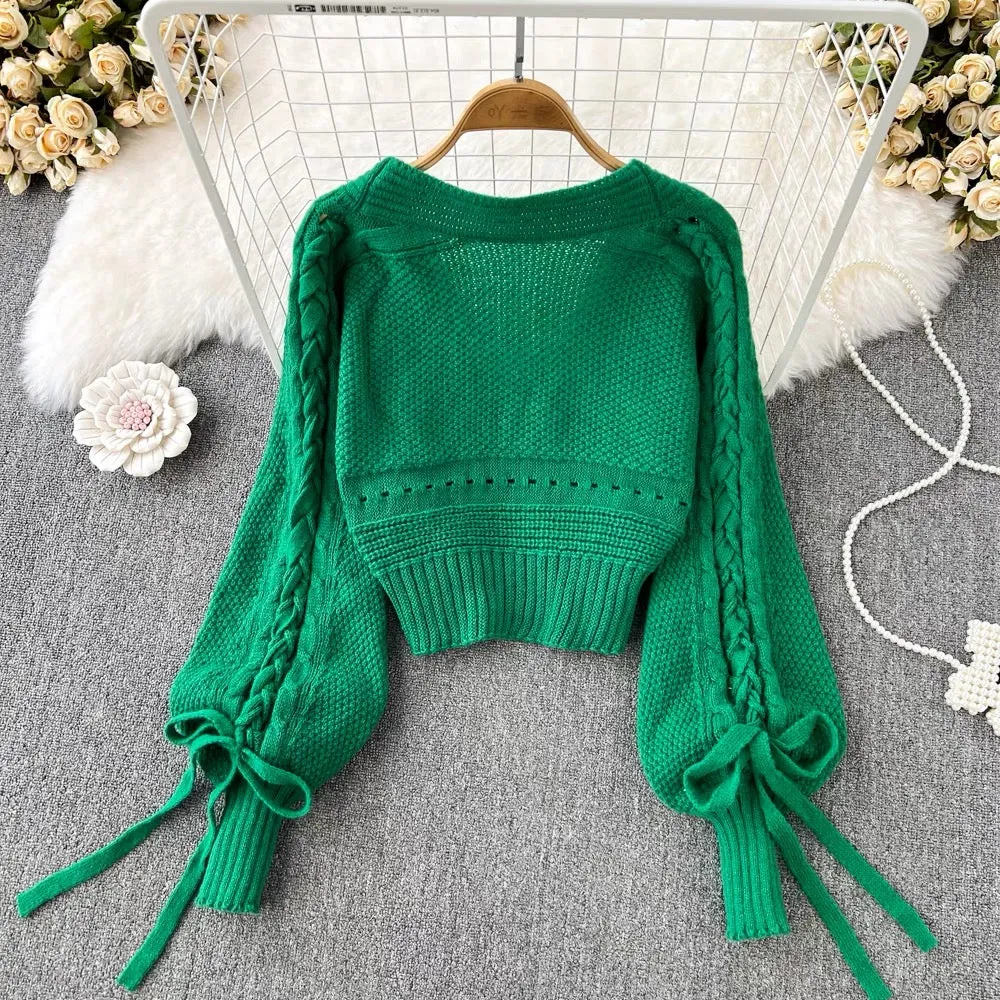 Lantern Sleeve Knitted Cardigan, Casual Bow Tie Short Long Sleeve Top    S4362