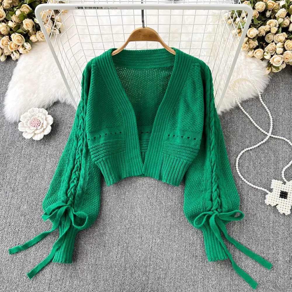 Lantern Sleeve Knitted Cardigan, Casual Bow Tie Short Long Sleeve Top    S4362