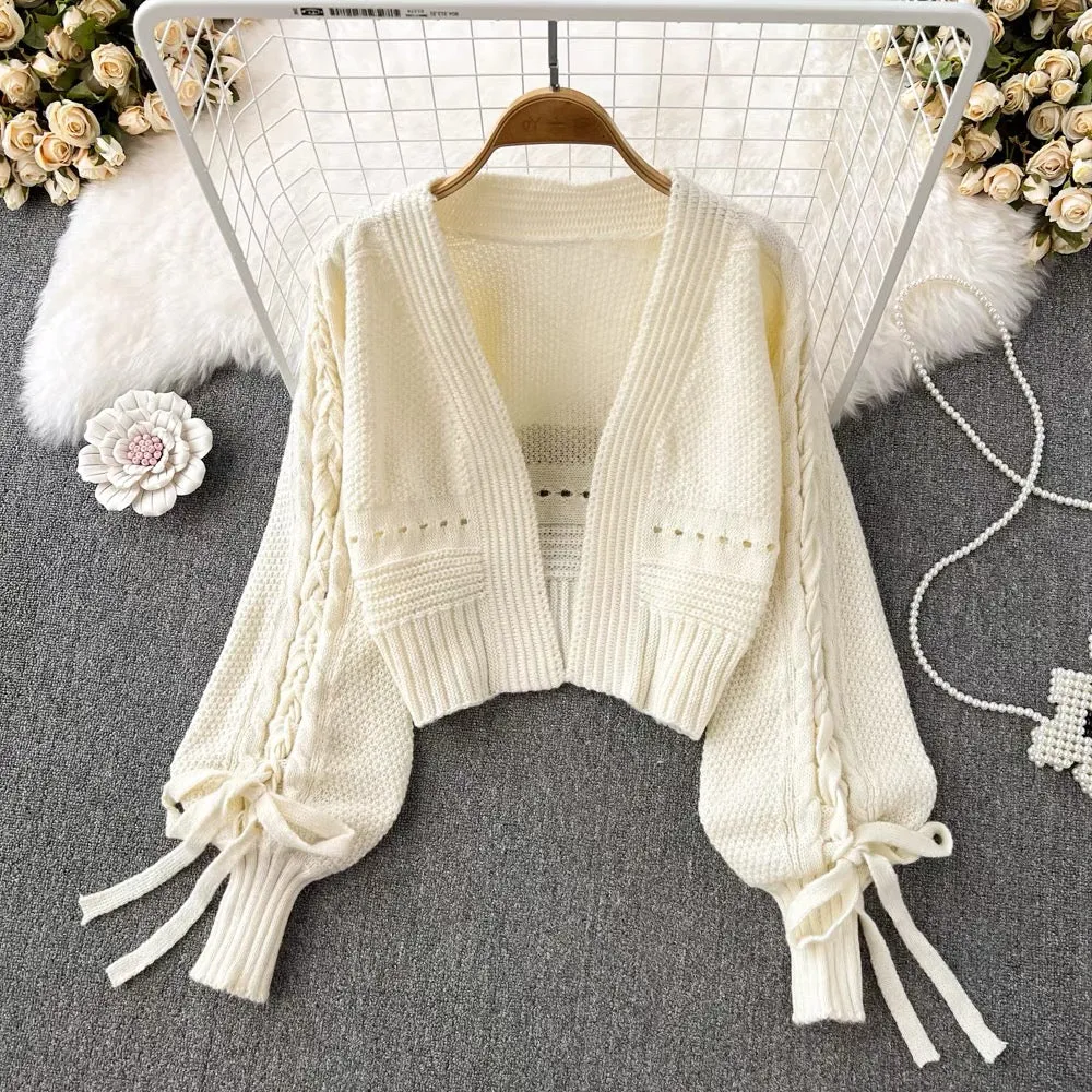 Lantern Sleeve Knitted Cardigan, Casual Bow Tie Short Long Sleeve Top    S4362