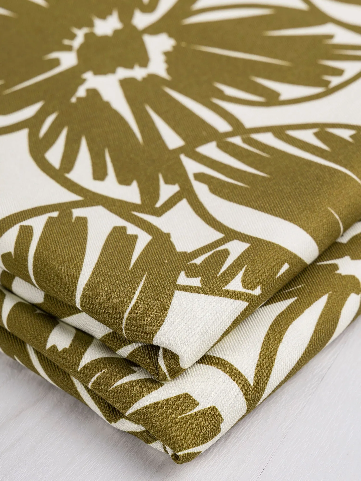 Large Floral Scribble Viscose Twill - Golden Olive   Cream