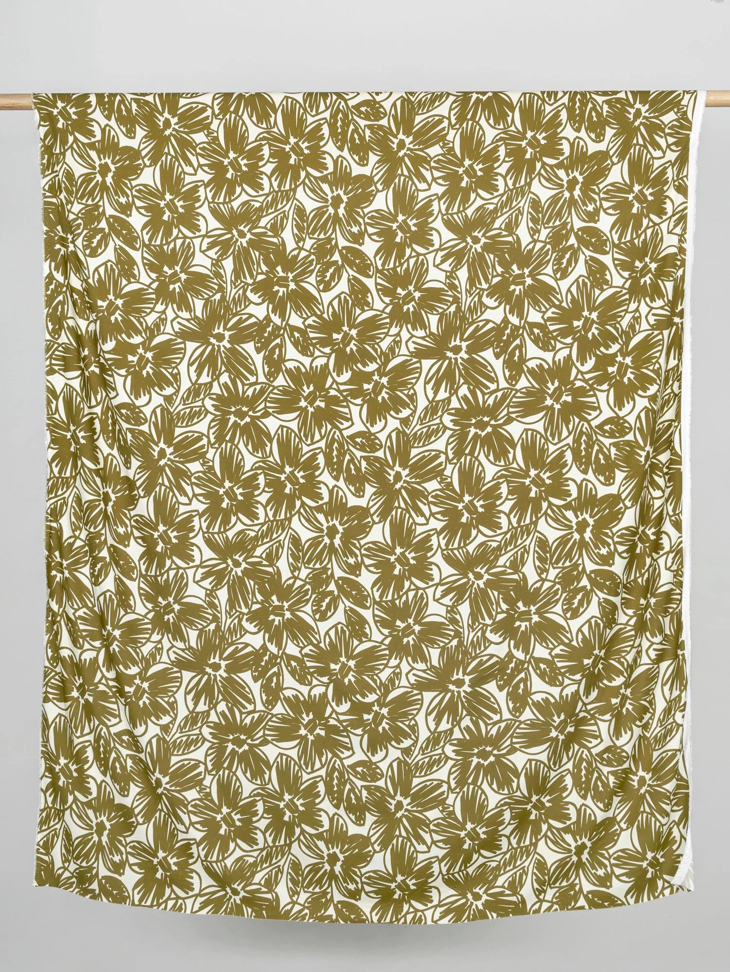 Large Floral Scribble Viscose Twill - Golden Olive   Cream