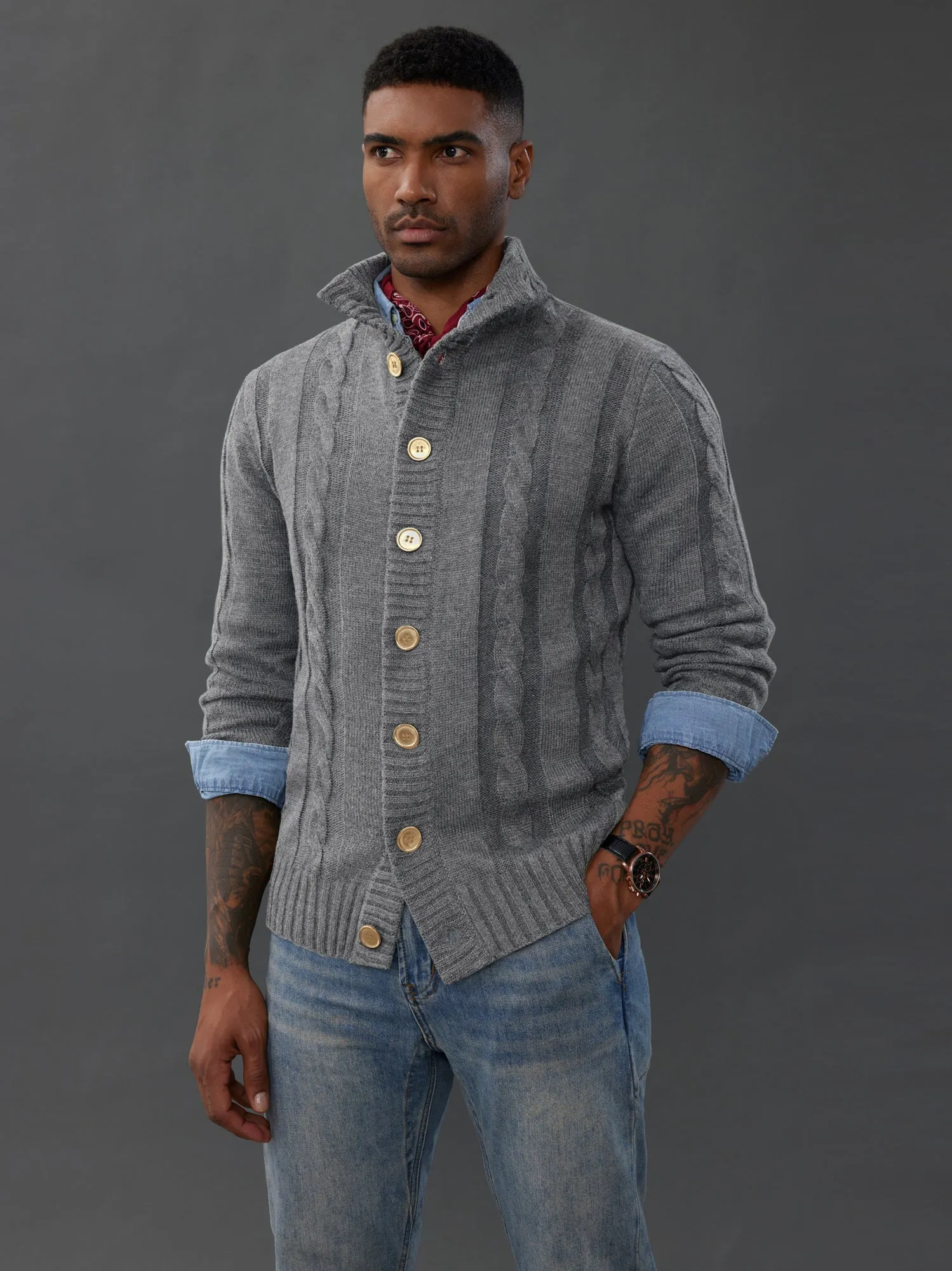 Men's Cardigan with Button Closure, Cable Knit Cardigan with Ribbed Stand-Up Collar for Autumn Winter