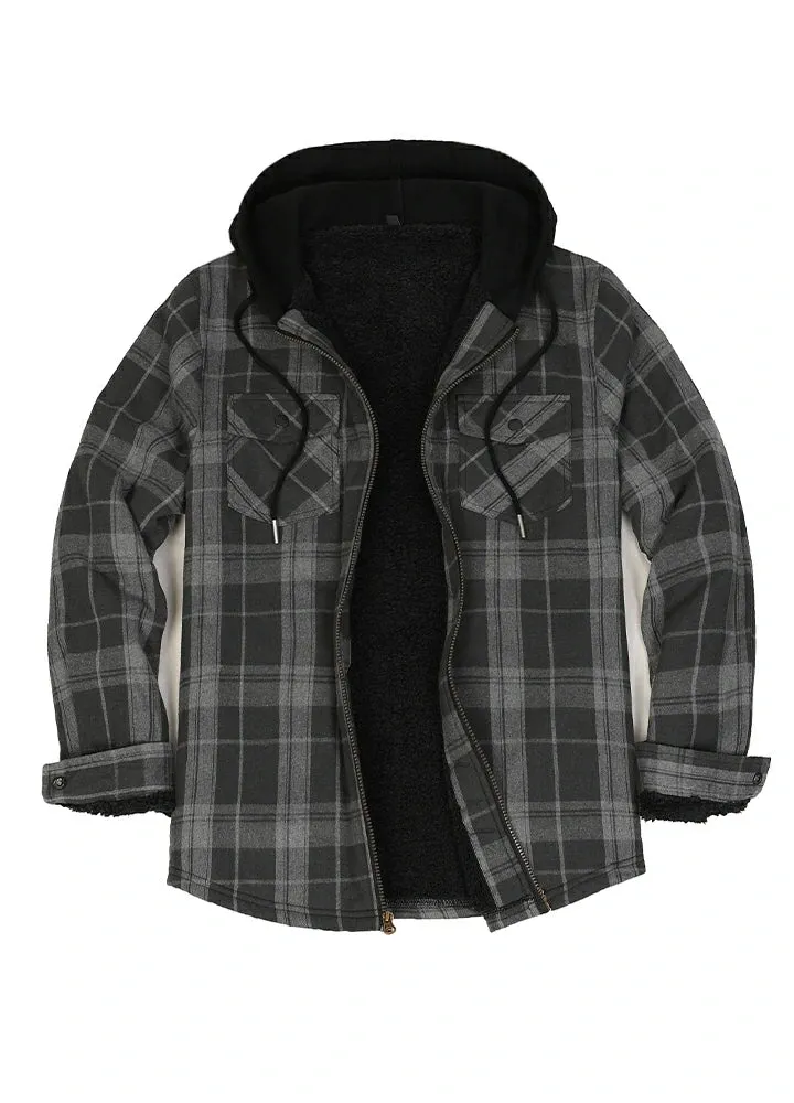 Men's Sherpa Lined Full Zip Up Flannel Plaid Hooded Jacket