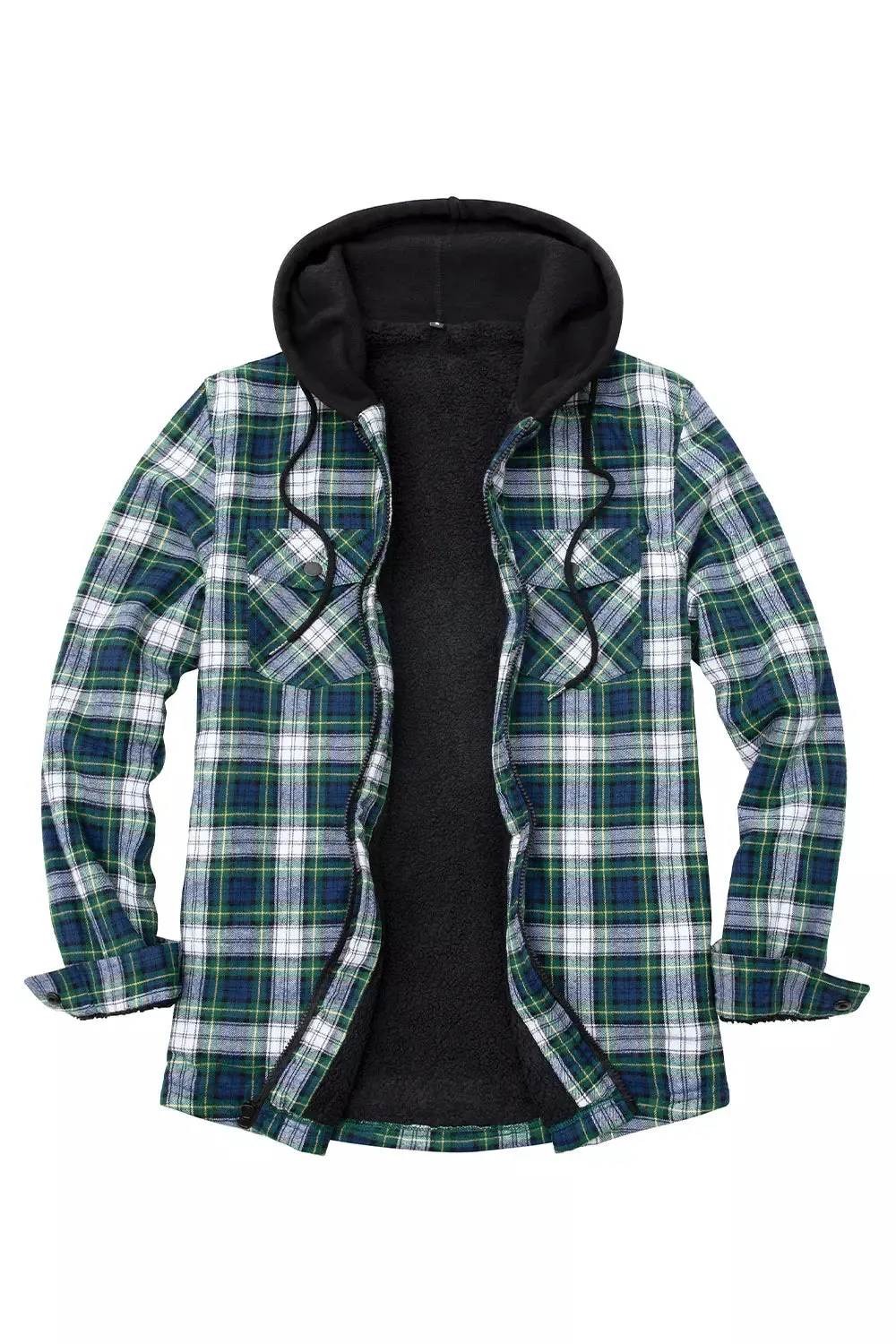 Men's Sherpa Lined Full Zip Up Flannel Plaid Hooded Jacket