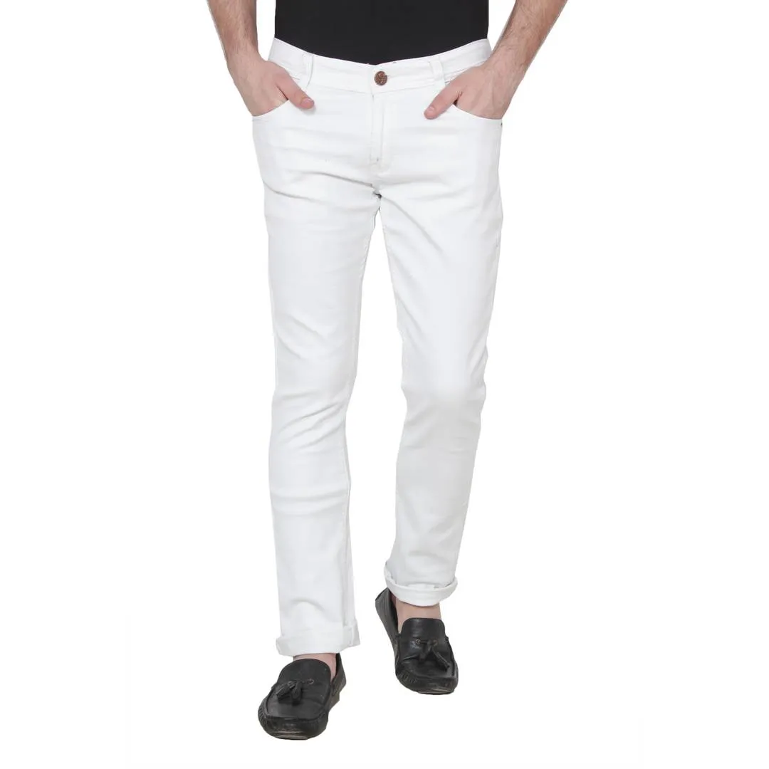 Men's White Cotton Blend Solid Regular Fit Mid-Rise Jeans