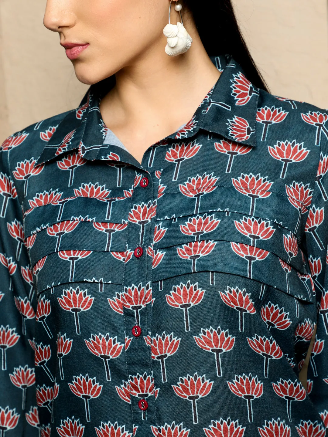 Navy Blue Lotus Print Full Sleeved Shirt