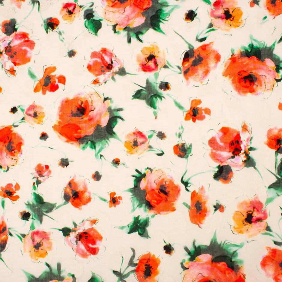 Orange Poppy Printed Peach Cotton Voile Jacquard (A 2m Piece)