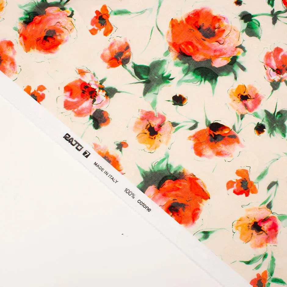 Orange Poppy Printed Peach Cotton Voile Jacquard (A 2m Piece)