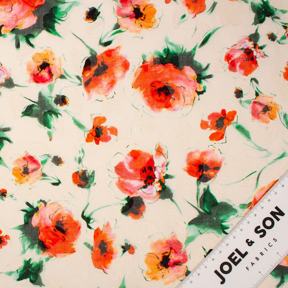 Orange Poppy Printed Peach Cotton Voile Jacquard (A 2m Piece)