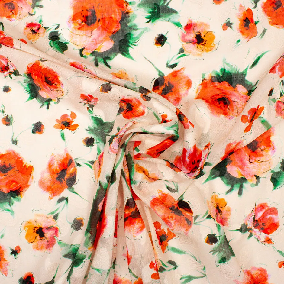 Orange Poppy Printed Peach Cotton Voile Jacquard (A 2m Piece)