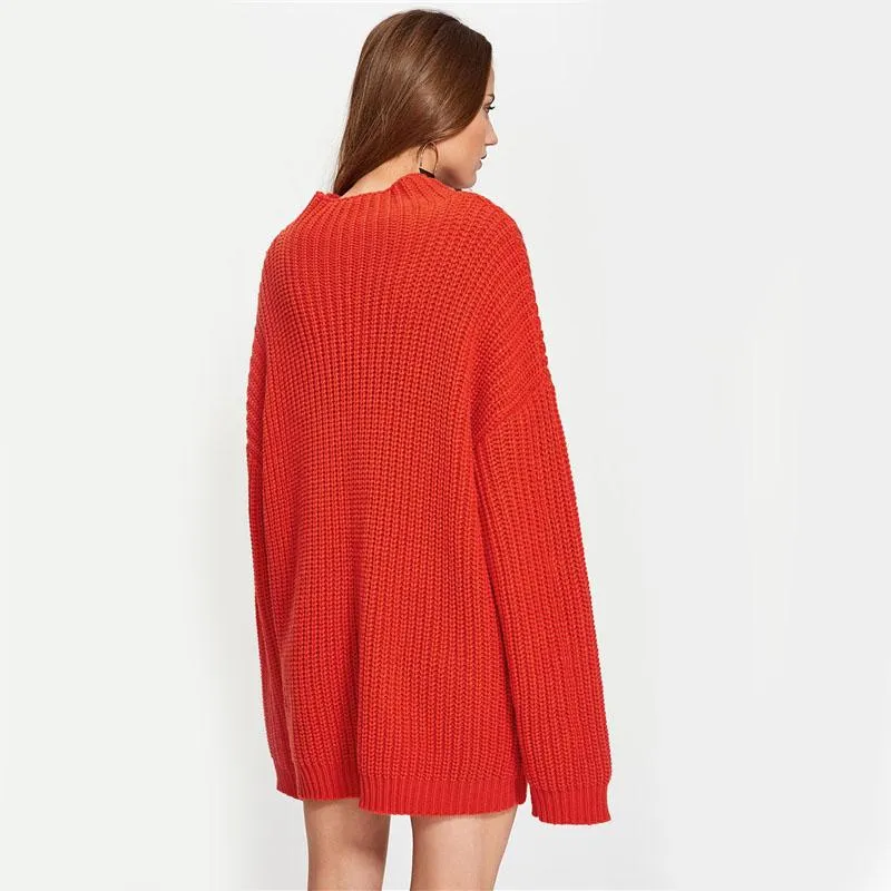 Red Exaggerate Long Sleeve Eyelet Jumper