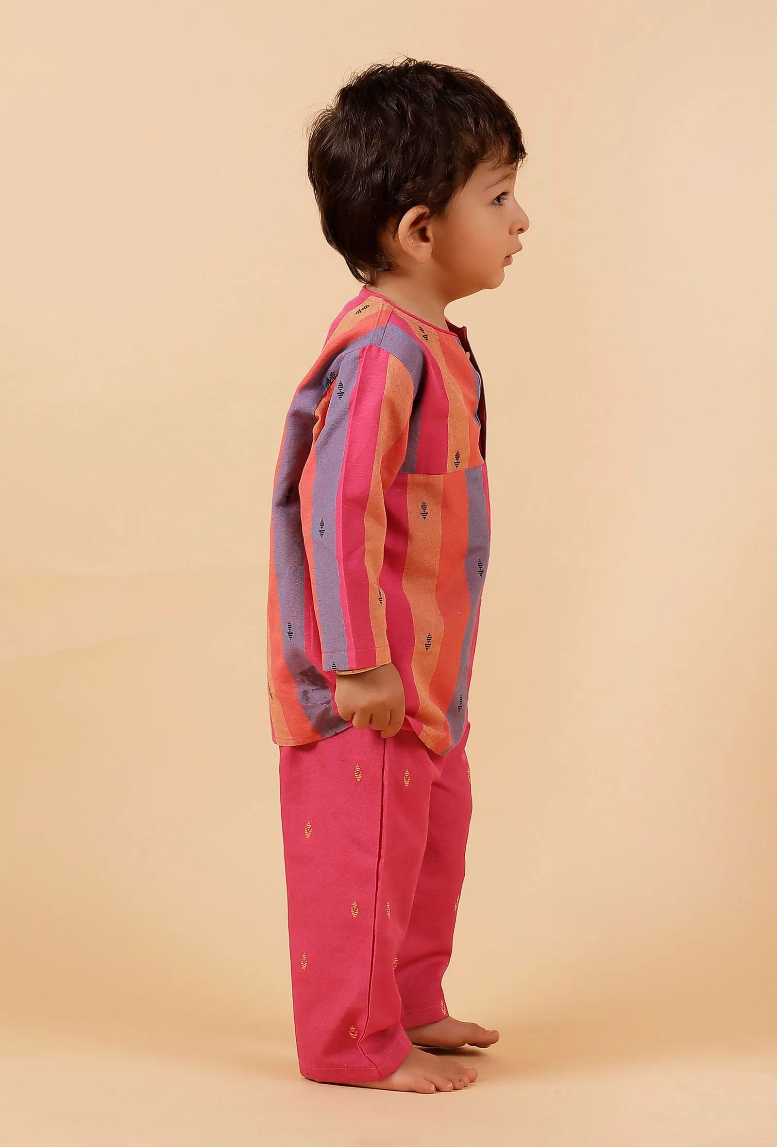 Set Of 2: Pink Striped Kurta Paired With Pink Buti Woven Pant