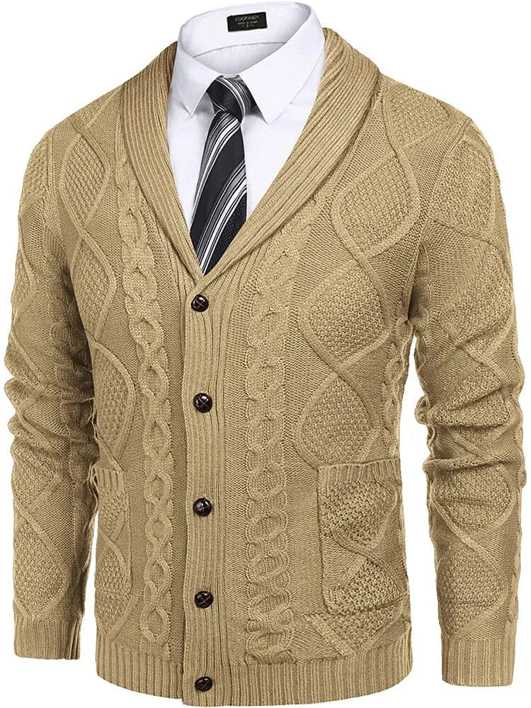 Shawl Collar Button Down Knitted Sweater with Pockets (US Only)