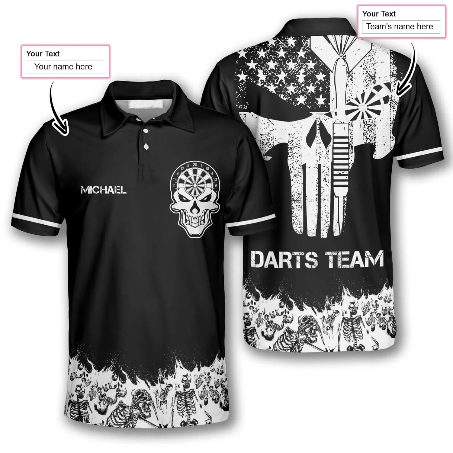 Skull Skeletons Black White Version Custom Darts Shirts for Men, Shirt Uniform Team Dart