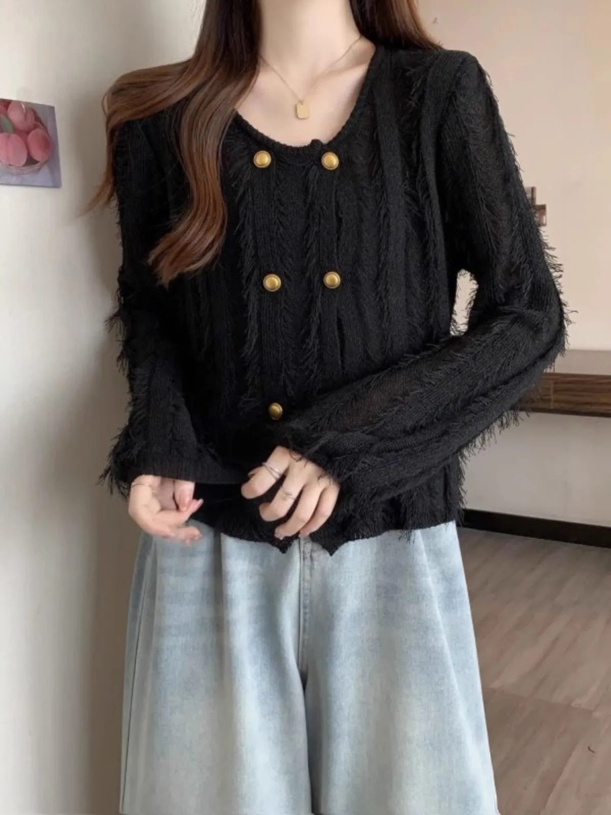 tassel knitted long sleeve cardigan sweater jacket      S3408