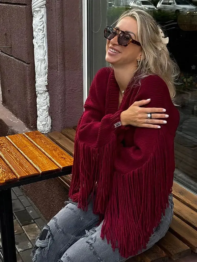 Tassels Patchwork Wine Red Knitted Cardigan Christmas Sweater