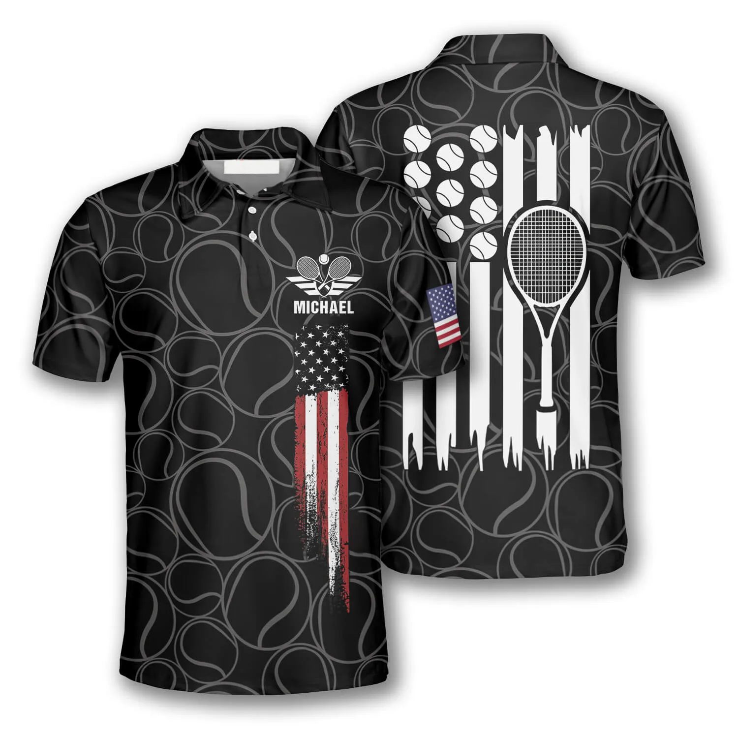 Tennis Pattern Flame American Flag Custom Polo Tennis Shirts for Men