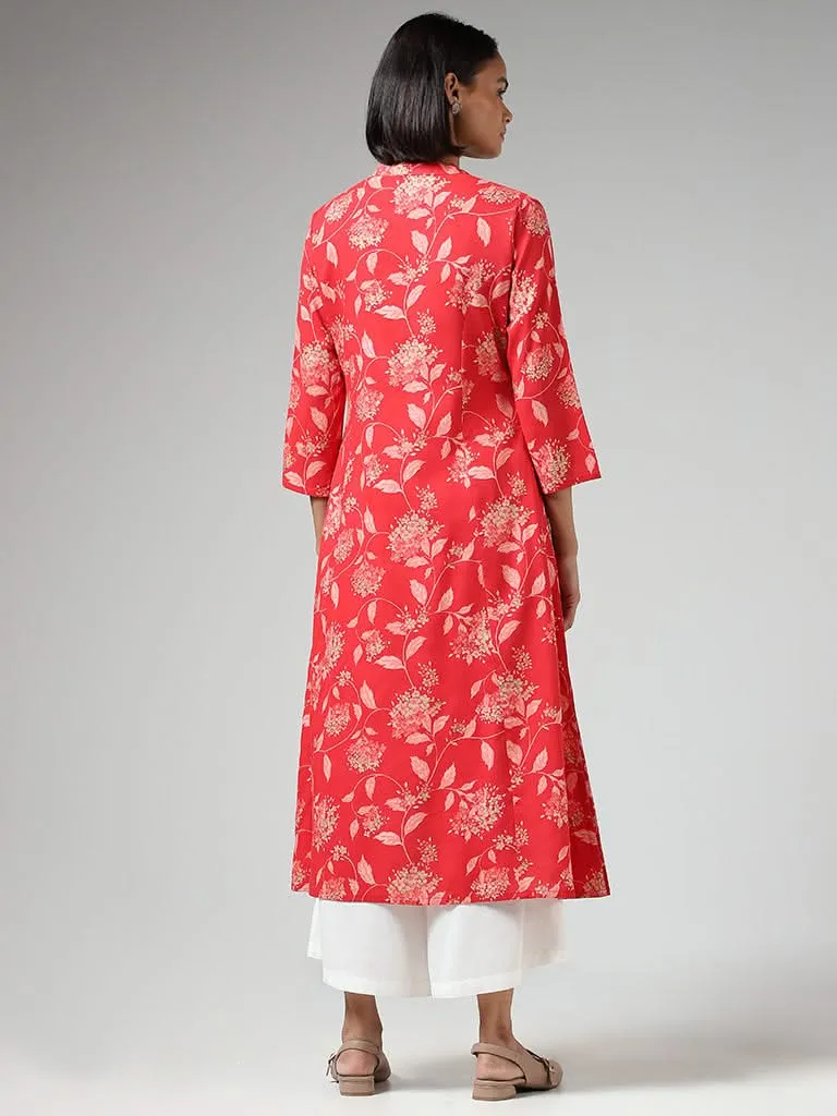 Utsa Red Floral Printed Buttoned Down Kurta