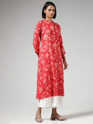 Utsa Red Floral Printed Buttoned Down Kurta